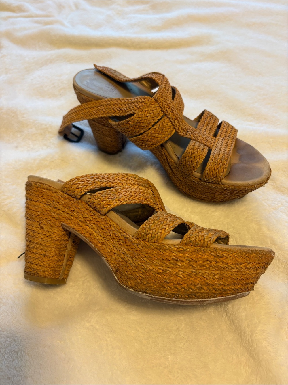 Woven Platform Heeled Sandals - Tan